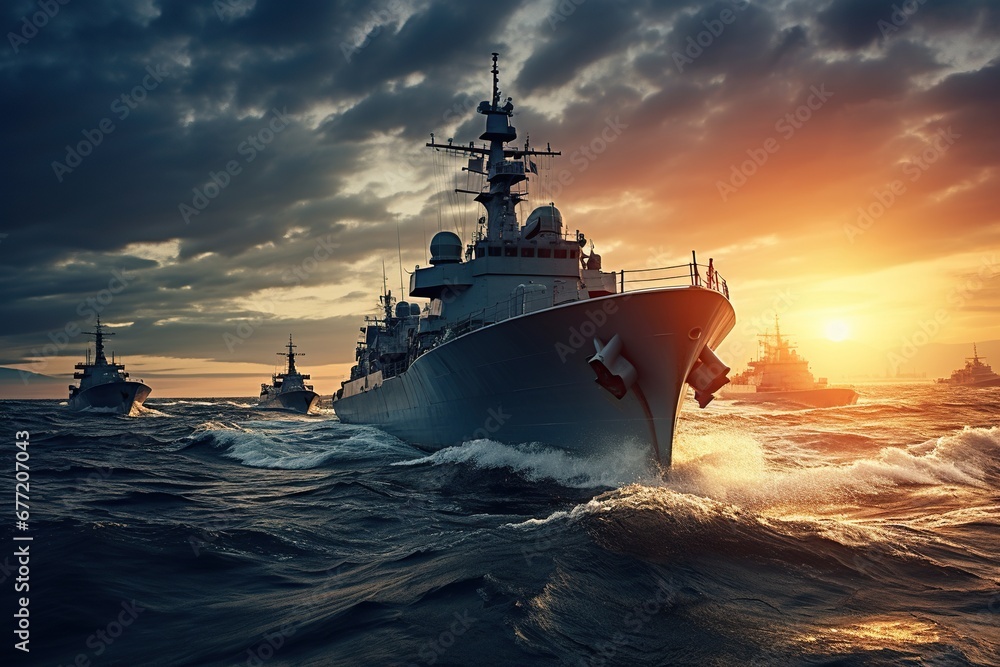 Fototapeta premium A military ship cuts through the sea waves against the backdrop of the sunset, surrounded by other ships under a dark cloudy sky.