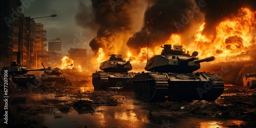 Tanks are seen on fire in the streets of a destroyed city, surrounded by flames and smoke. The concept of wars and destruction.