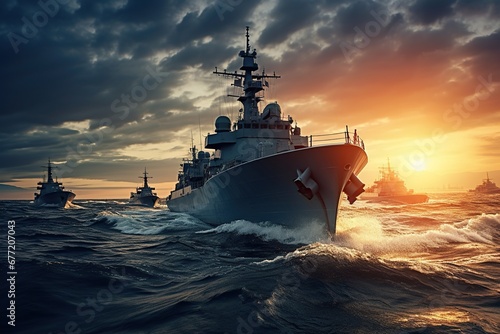 A military ship cuts through the sea waves against the backdrop of the sunset  surrounded by other ships under a dark cloudy sky.