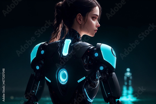 beautiful young woman in futuristic suit sitting on black background with neon lights