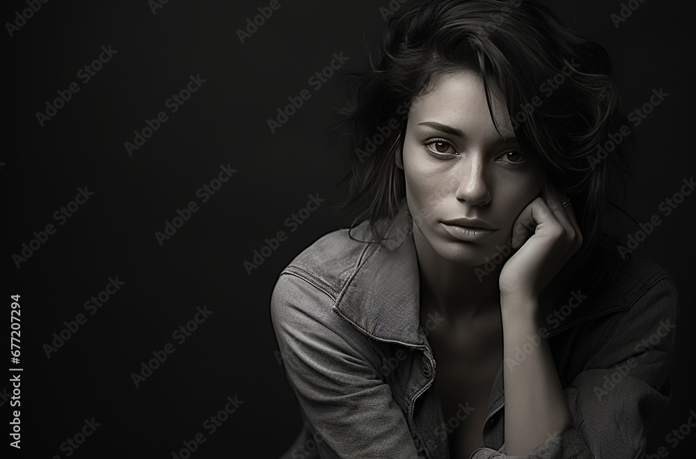 Obraz premium Portrait of a young Caucasian brunette woman with long hair, gazing intensely into the camera against a dark background.