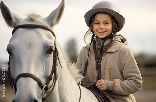 Young European girl with long hair on a horse, wearing a protective helmet and smiling.