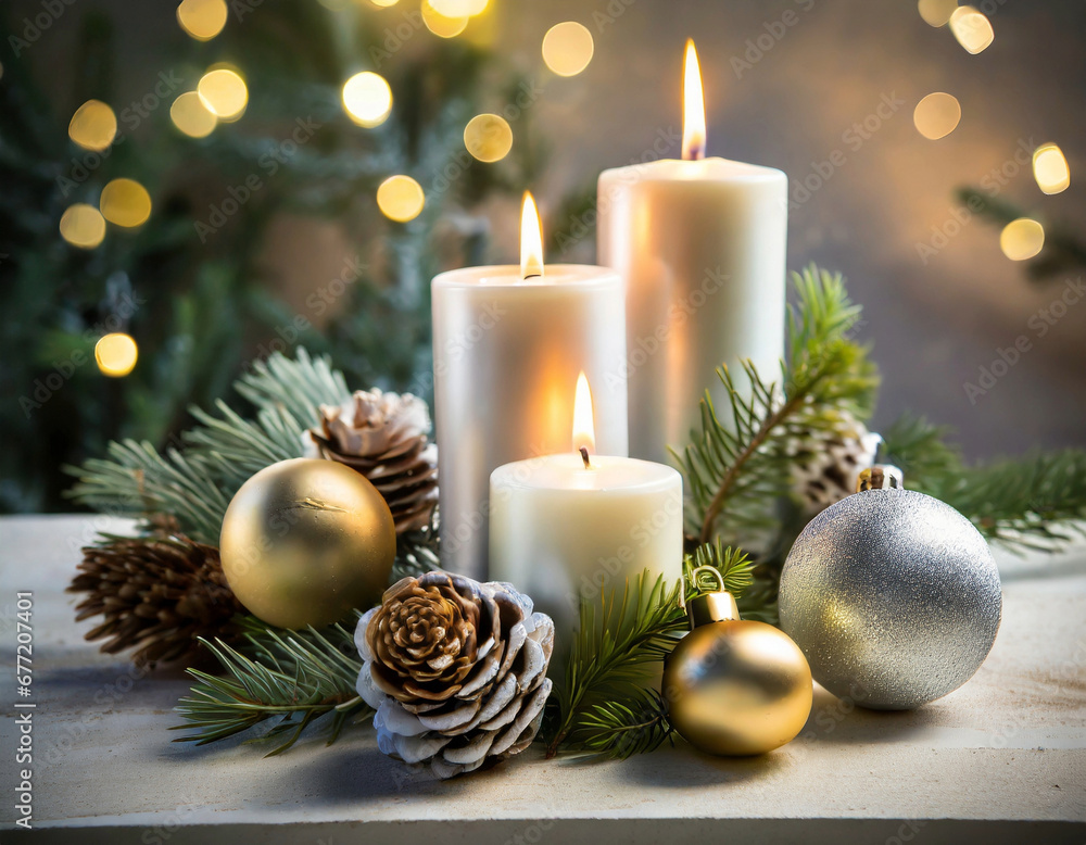 christmas candles with baubles and pine cones on a table; winter theme for festive events christmas candles with baubles and pine cones on a table; winter theme for festive events