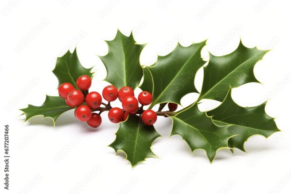 Holiday Holly. Traditional Christmas Decoration: Bright Green Holly with Red Berries. Isolated on White for Festive Winter Vibes. Holiday Holly. Traditional Christmas Decoration: Bright Green Holly with Red Berries. Isolated on White for Festive Winter Vibes.