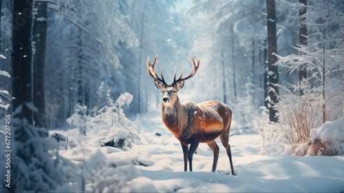 Winter Deer: Majestic Cervid in Snowy Forest. Artistic Christmas Landscape with Noble Winter Wildlife © AIGen