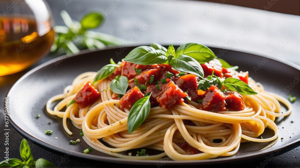 a plate of spaghetti pasta is beautifully arranged with a medley of colorful vegetables, succulent Mediterranean meat, and aromatic herbs, capturing the essence of a delicious Italian lunch a plate of spaghetti pasta is beautifully arranged with a medley of colorful vegetables, succulent Mediterranean meat, and aromatic herbs, capturing the essence of a delicious Italian lunch