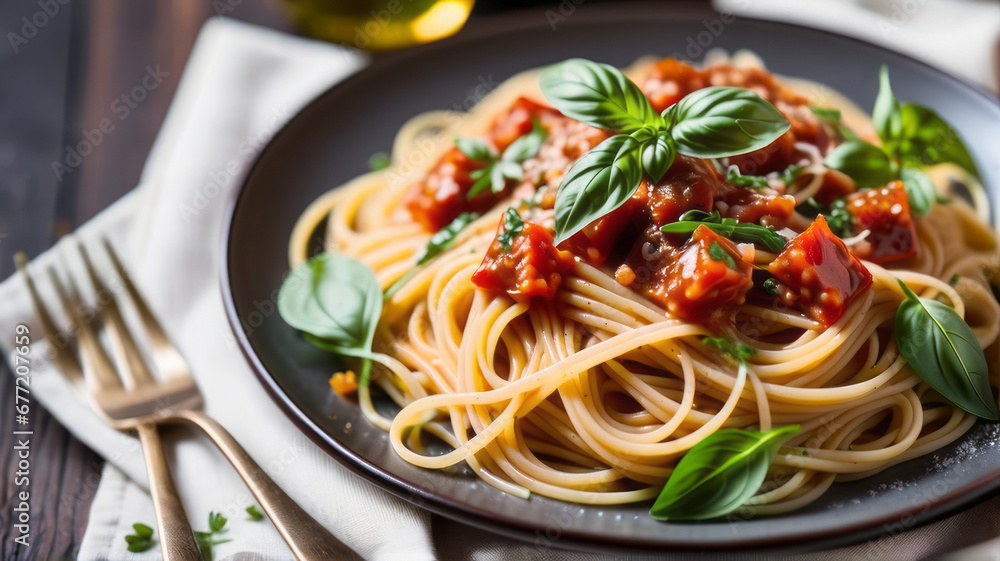 a plate of spaghetti pasta is beautifully arranged with a medley of colorful vegetables, succulent Mediterranean meat, and aromatic herbs, capturing the essence of a delicious Italian lunch a plate of spaghetti pasta is beautifully arranged with a medley of colorful vegetables, succulent Mediterranean meat, and aromatic herbs, capturing the essence of a delicious Italian lunch
