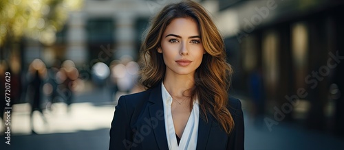 The beautiful businesswoman confidently poses for her portrait in the modern office representing both the beauty of her appearance and the success she has achieved as a successful corporate  photo