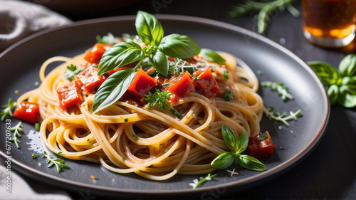 a plate of spaghetti pasta is beautifully arranged with a medley of colorful vegetables, succulent Mediterranean meat, and aromatic herbs, capturing the essence of a delicious Italian lunch