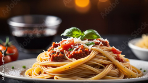 a plate of spaghetti pasta is beautifully arranged with a medley of colorful vegetables, succulent Mediterranean meat, and aromatic herbs, capturing the essence of a delicious Italian lunch