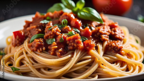 a plate of spaghetti pasta is beautifully arranged with a medley of colorful vegetables, succulent Mediterranean meat, and aromatic herbs, capturing the essence of a delicious Italian lunch