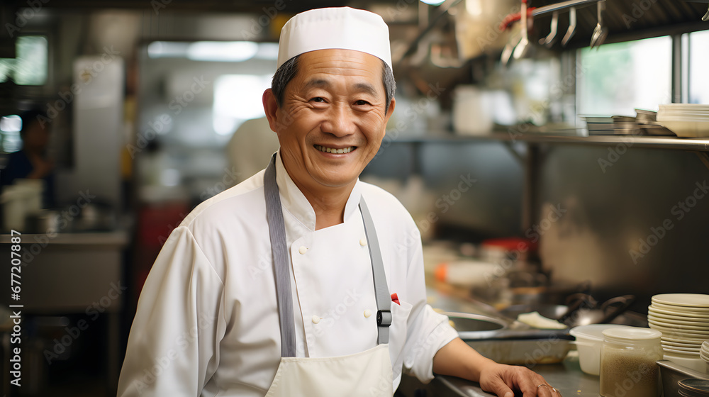 Smiling asian man chef in the kitchen