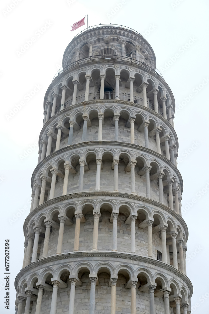 Close up top the leaning tower of pisa is marble building