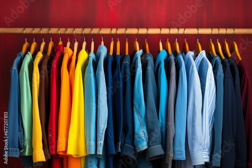 Vibrant and trendy fashion clothes displayed on a clothing rack in a colorful and stylish closet