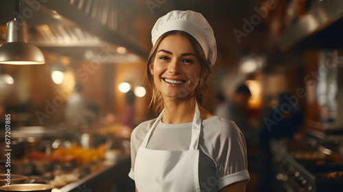 Smiling woman chef in the kitchen