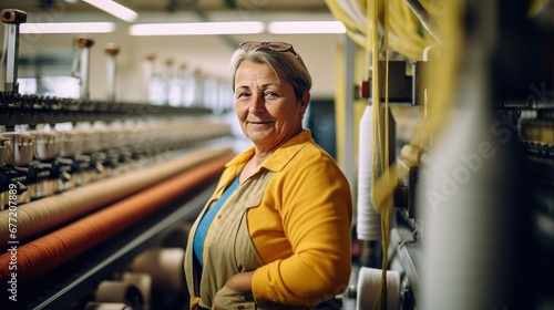 Middle aged Caucasian woman carefully working on weaving factory to earn money. Woman weaver standing at loom works with great care and concentration.