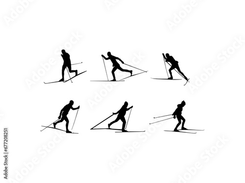 cross country ski silhouette. male athlete cross country skier black silhouette. cross country skiing racing athlete skier black silhouette white background. skiing in the snow. vector illustration.
