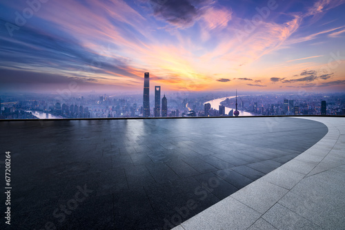 Photography Square floor and city buildings skyline in Shanghai at sunset