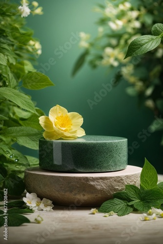 Beautiful stone podium with flowers and leaves for the promotion of cosmetic products on a green background of natural natural themes