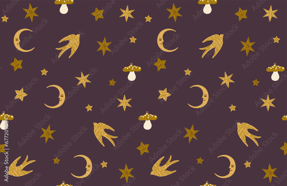 Christmas seamless pattern with golden holidays elements. Snowflakes, moon, birds and mushrooms Christmas seamless pattern with golden holidays elements. Snowflakes, moon, birds and mushrooms