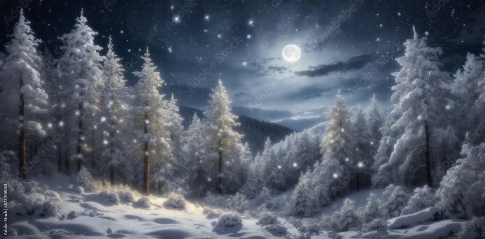 Snow-Kissed Night Moonlit Forest Dressed in Snowfall, Gentle Lights, and Stars Dance Above
