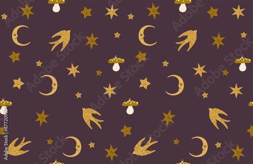 Christmas seamless pattern with golden holidays elements. Snowflakes, moon, birds and mushrooms