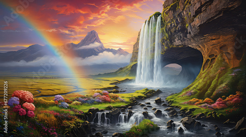 illustration of A Beautiful Seljalandsfoss waterfall with rainbow in Iceland during the sunset. Location  Seljalandsfoss waterfall  part of the river Seljalandsa  Iceland