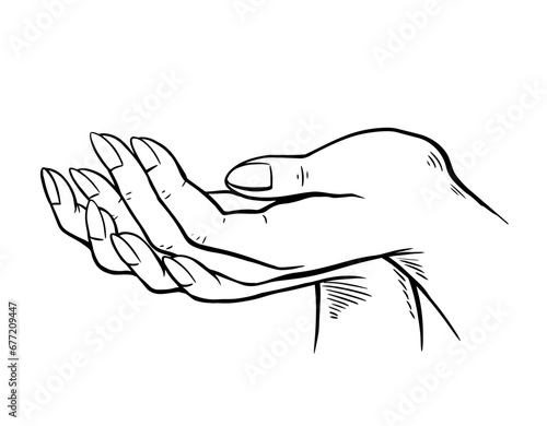 Female hands. Gesture to ask or hold. Caring for delicate skin. Beauty and health. Logo, template spa salon. Vector black and white illustration. Sketch hand drawn line