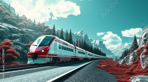 Un train à grande vitesse sur fond de paysage montagneux photo