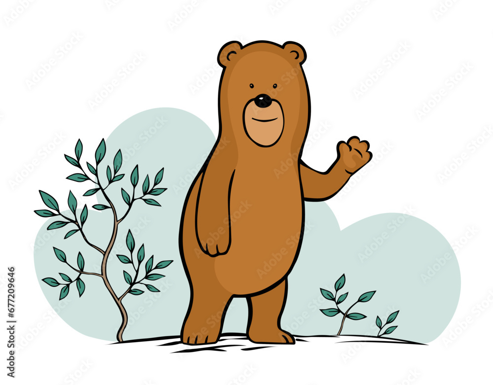 Cartoon bear on forest background. Puzzled face. Tree foliage. Funny and clumsy character for children. Wild animal. Character for a postcard. Vector isolated animal illustration. Hand drawn line Cartoon bear on forest background. Puzzled face. Tree foliage. Funny and clumsy character for children. Wild animal. Character for a postcard. Vector isolated animal illustration. Hand drawn line