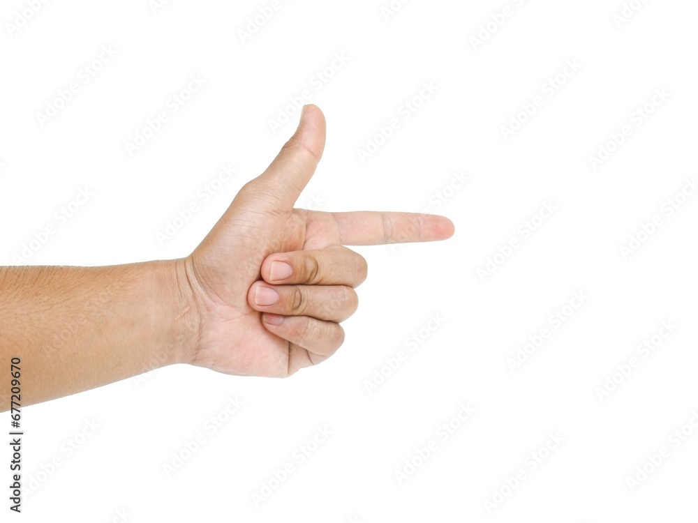 Male hand pointing finger to the side The idea of pointing at something, such as an object or text. Isolated on a white background. Male hand pointing finger to the side The idea of pointing at something, such as an object or text. Isolated on a white background.