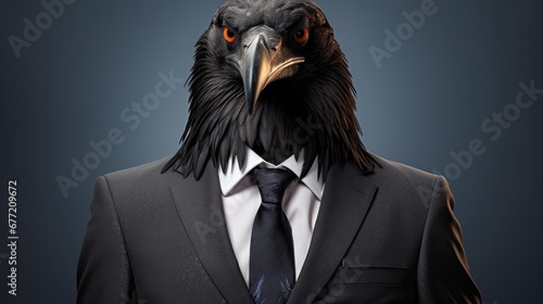  a close up of a bird wearing a suit and tie with an orange eyed bird on it's head.  generative ai photo