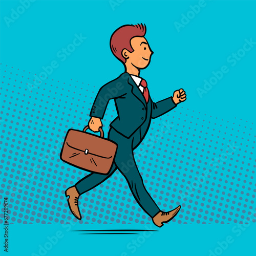 A young businessman with a briefcase in hand. Successful and happy man. Cartoon vector illustration. Hand drawn line. Pop art comic style