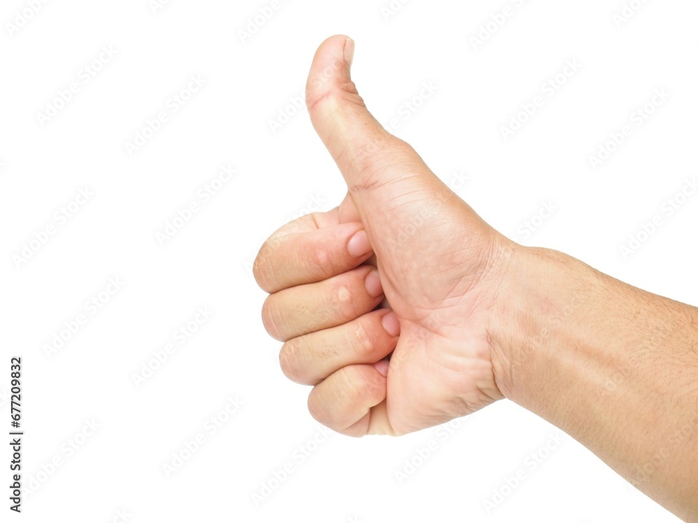 Male hand showing thumbs up on white background, business concept. Male hand showing thumbs up on white background, business concept.