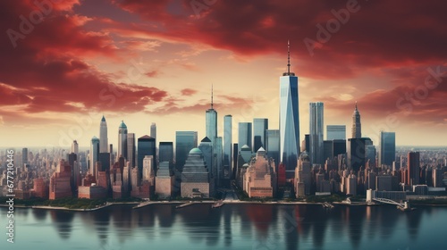 Panoramic view of New York City at sunset, USA.