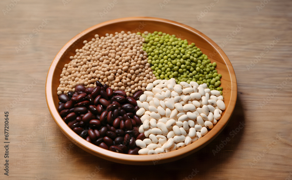 The beans are a variety of colors and shapes, and they are arranged in a circular pattern. The beans are a variety of colors and shapes, and they are arranged in a circular pattern.