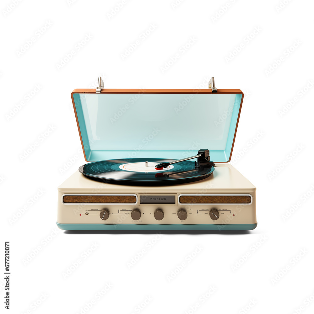 Fototapeta premium Vintage record player with radio tuner isolated on white background
