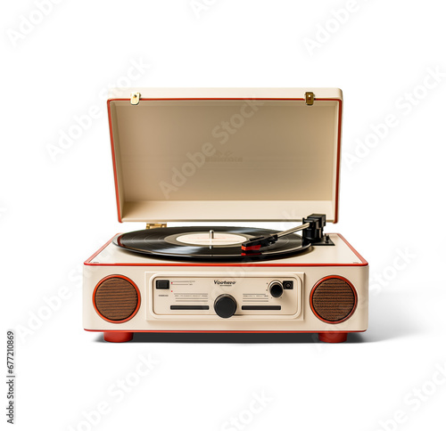 Vintage record player with radio tuner isolated on white background