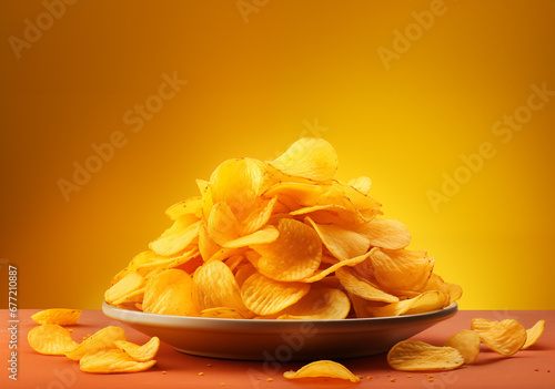 Pile of potato chips fluted close-up on yellow background.