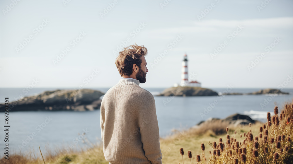 Lighthouse and man. Man walks near the lighthouse and enjoy beautiful nature landscape. Lonely male. Scenic northern outdoors view. Travel and adventure. Explore North. Generated AI