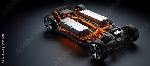Electric car lithium battery pack and power connections on EV car background. photo