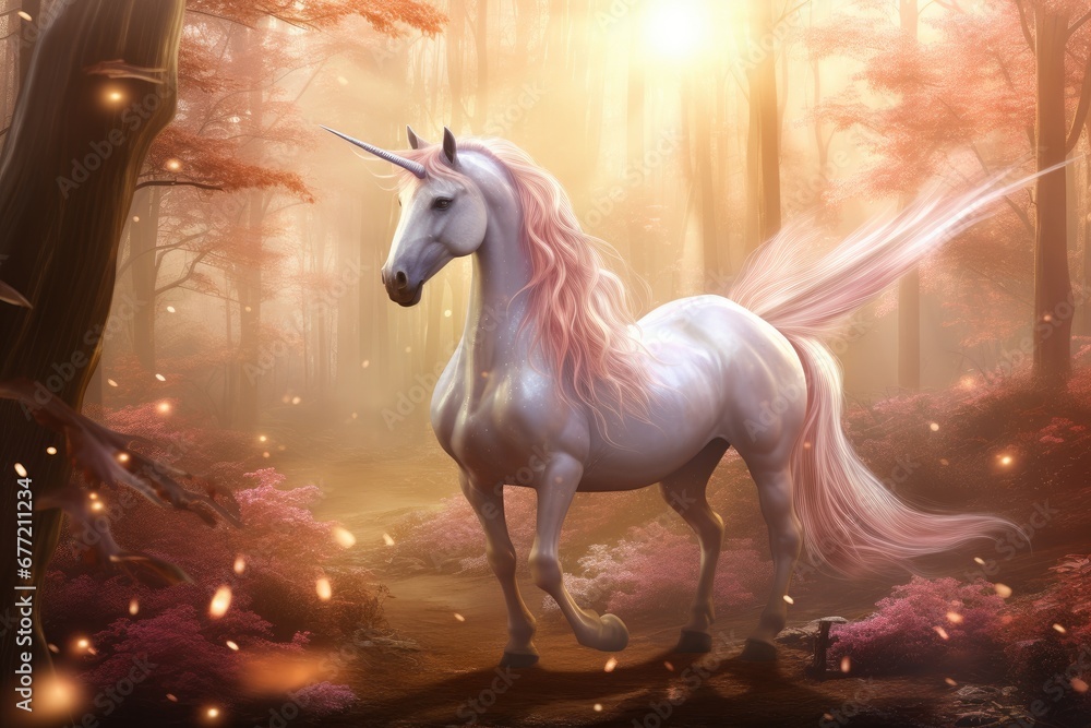 White unicorn horse running in fantasy forest