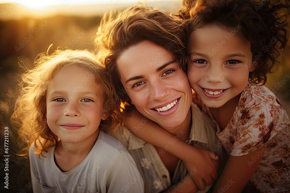 Portrait of a family smiling happily and warmly during sunset. Portrait of a family smiling happily and warmly during sunset.