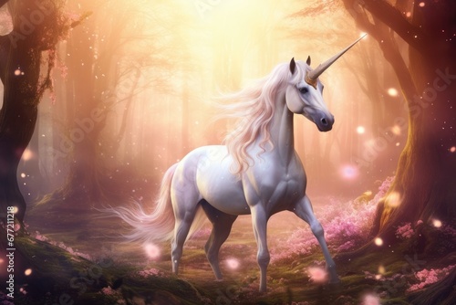 White unicorn horse running in fantasy forest