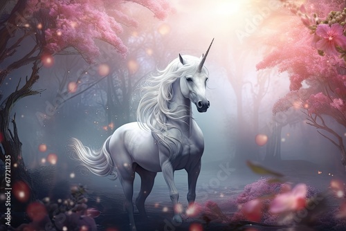 White unicorn horse running in fantasy forest