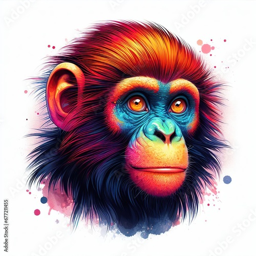 Colorful Monkey Portrait with Splashes of Color. 