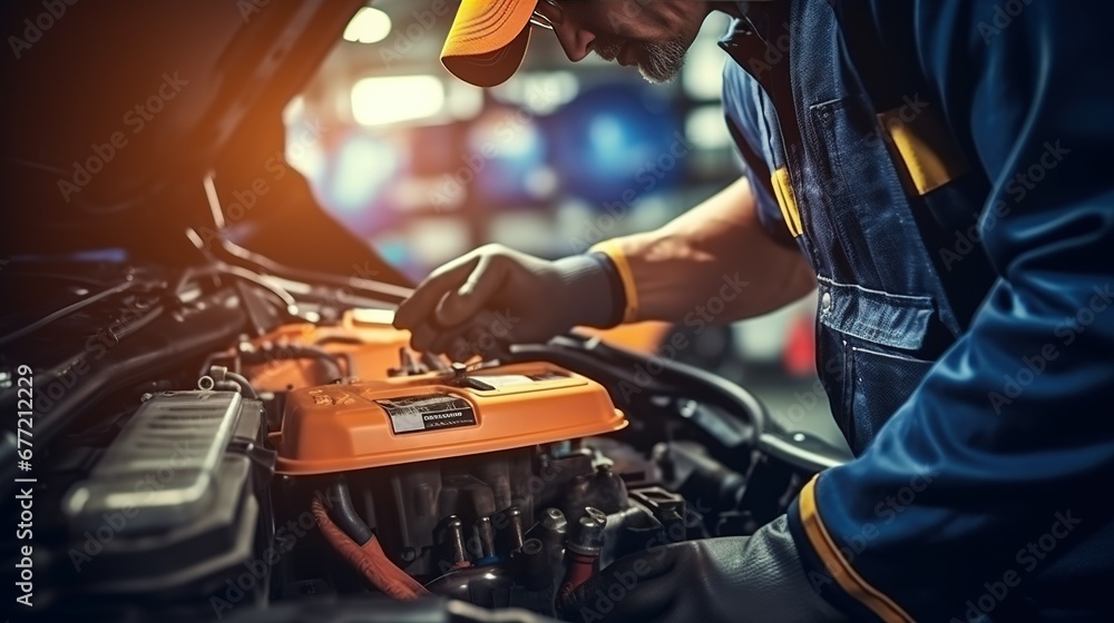 Technician Hands of car mechanic working repair in auto repair Service electric battery and Maintenance of car battery. Check the electrical system inside the car - obrazy, fototapety, plakaty 