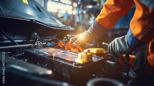 Technician Hands of car mechanic working repair in auto repair Service electric battery and Maintenance of car battery. Check the electrical system inside the car