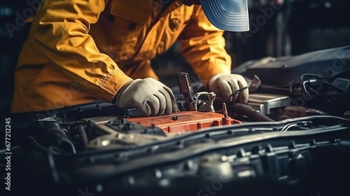 Technician Hands of car mechanic working repair in auto repair Service electric battery and Maintenance of car battery. Check the electrical system inside the car