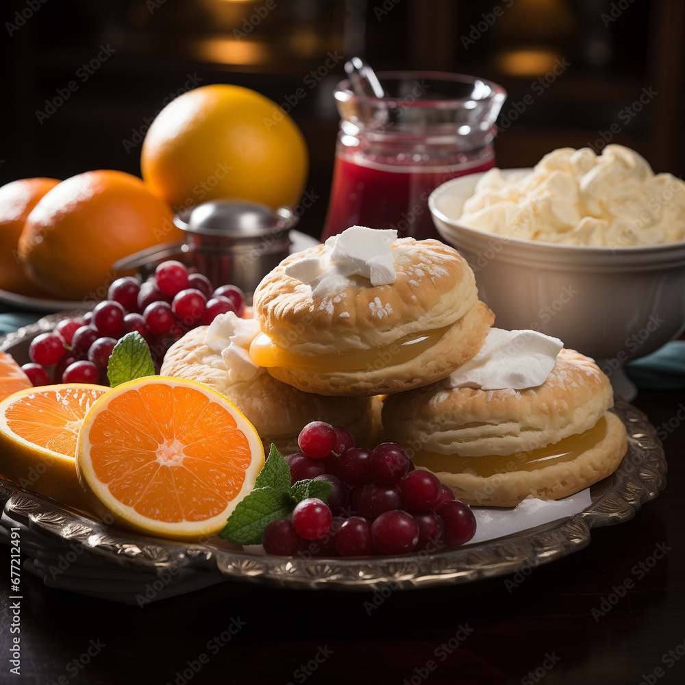 Obraz premium A bountiful breakfast table is laden with classic Christmas pastries, fresh fruits, and steaming cups of coffee. The festive colors and aromas promise a perfect start to the holiday.